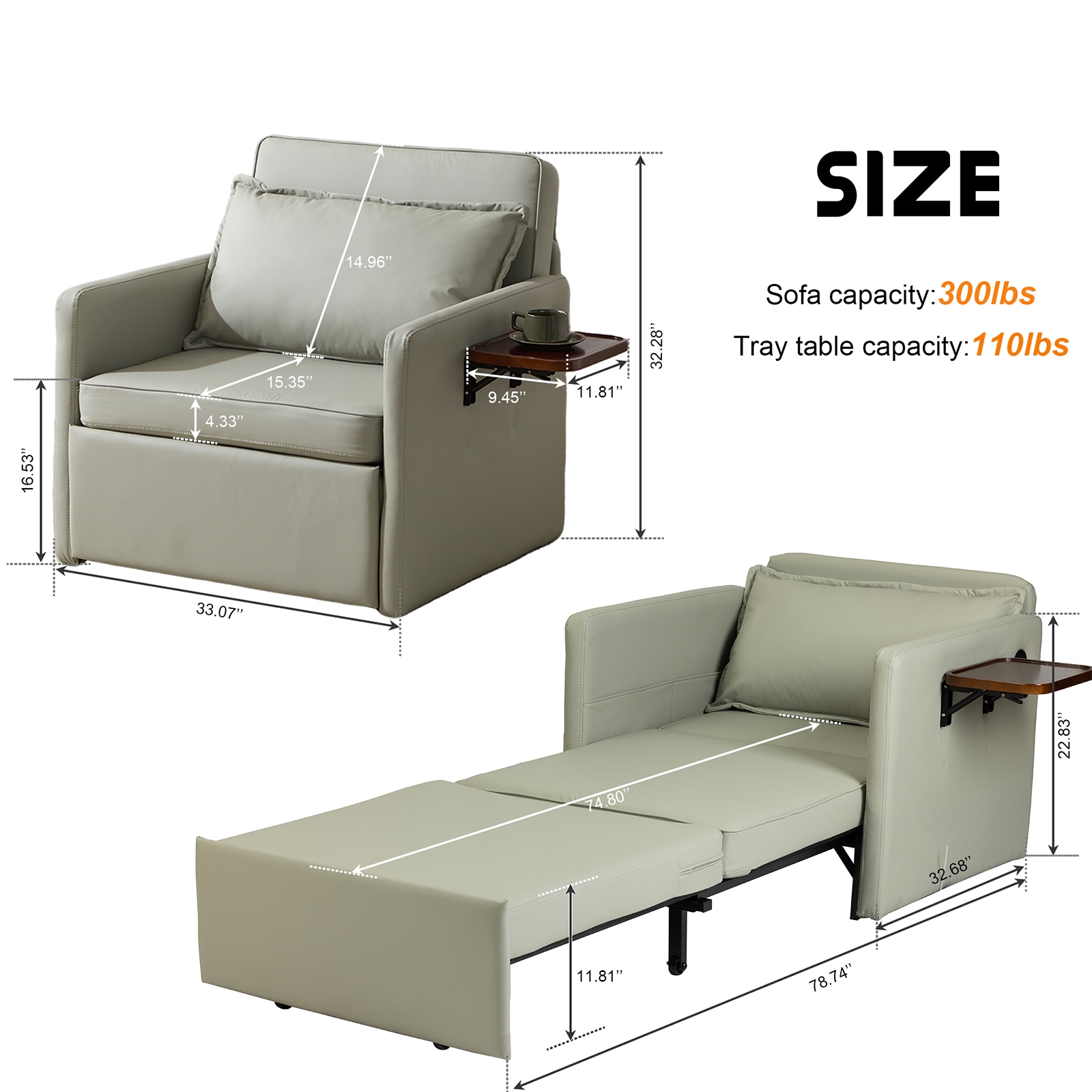 Sleeper Chair Bed, 3-in-1 Convertible Sofa Bed Pull-out Sofa Bed, Convenient Folding Tray Table With USB And Type-C Charging Ports,Grey,Leather_voghion.com